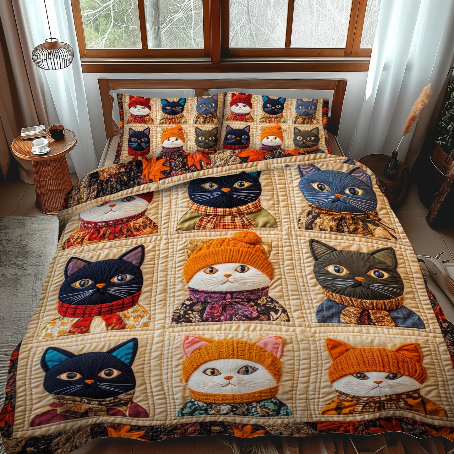 Charming Autumn Cat 3-Piece Quilted Bedding Set NCU0PD425