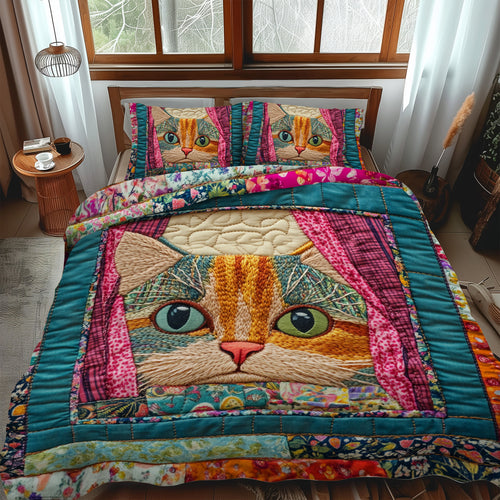 Colorful Cat Peeking 3-Piece Quilted Bedding Set NCU0PD426