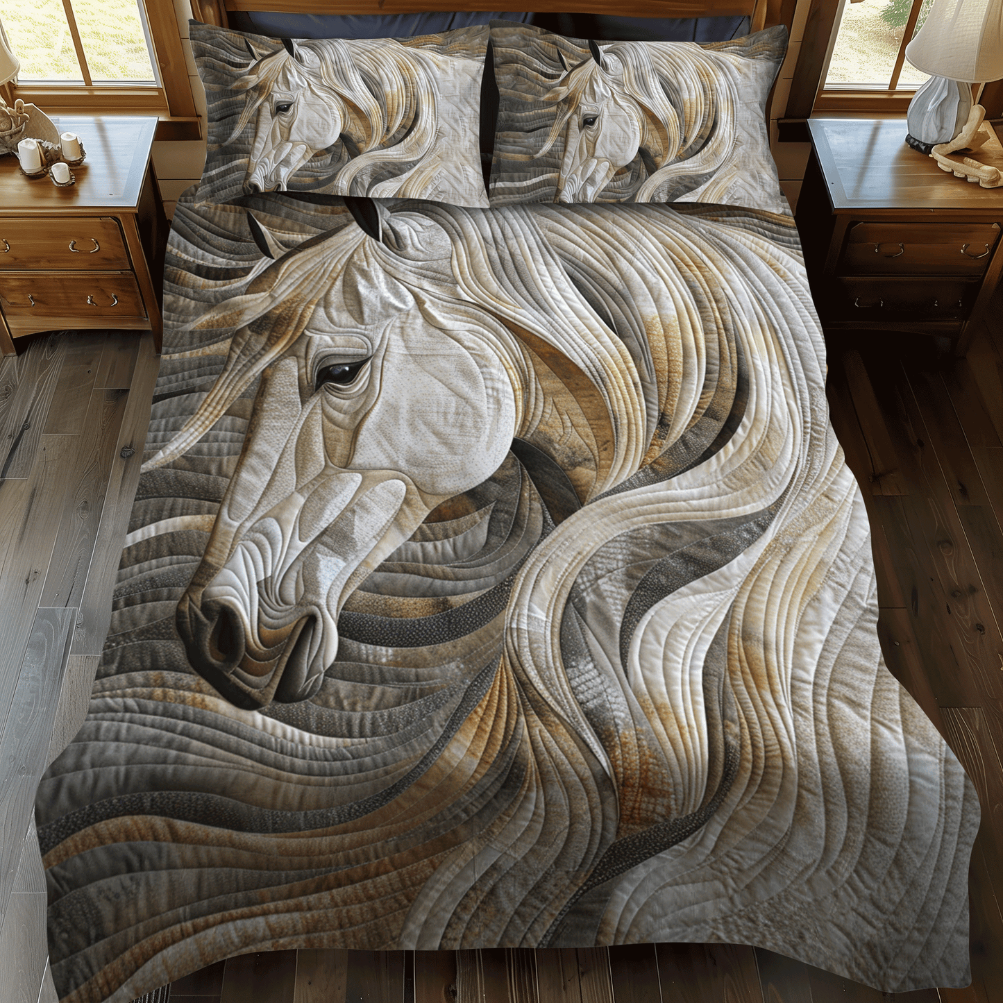 Vibrant White Horse 3-Piece Quilted Bedding Set NCU0PD336