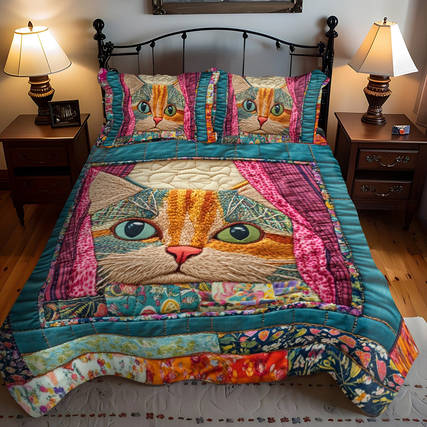 Colorful Cat Peeking 3-Piece Quilted Bedding Set NCU0PD426