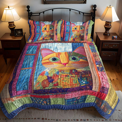 Vibrant Cat Peeking 3-Piece Quilted Bedding Set NCU0PD427