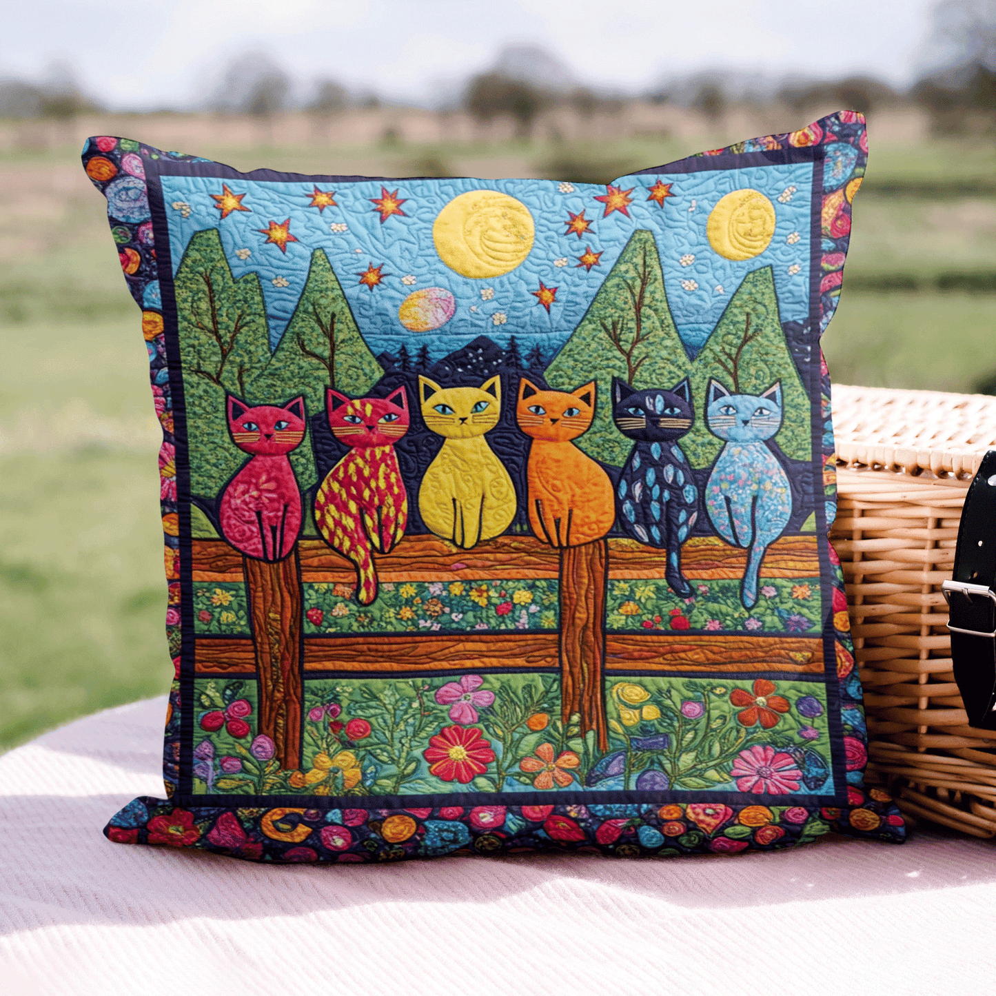 Artistic Night Cat-Themed Quilted Pillow Case NCU0PD665