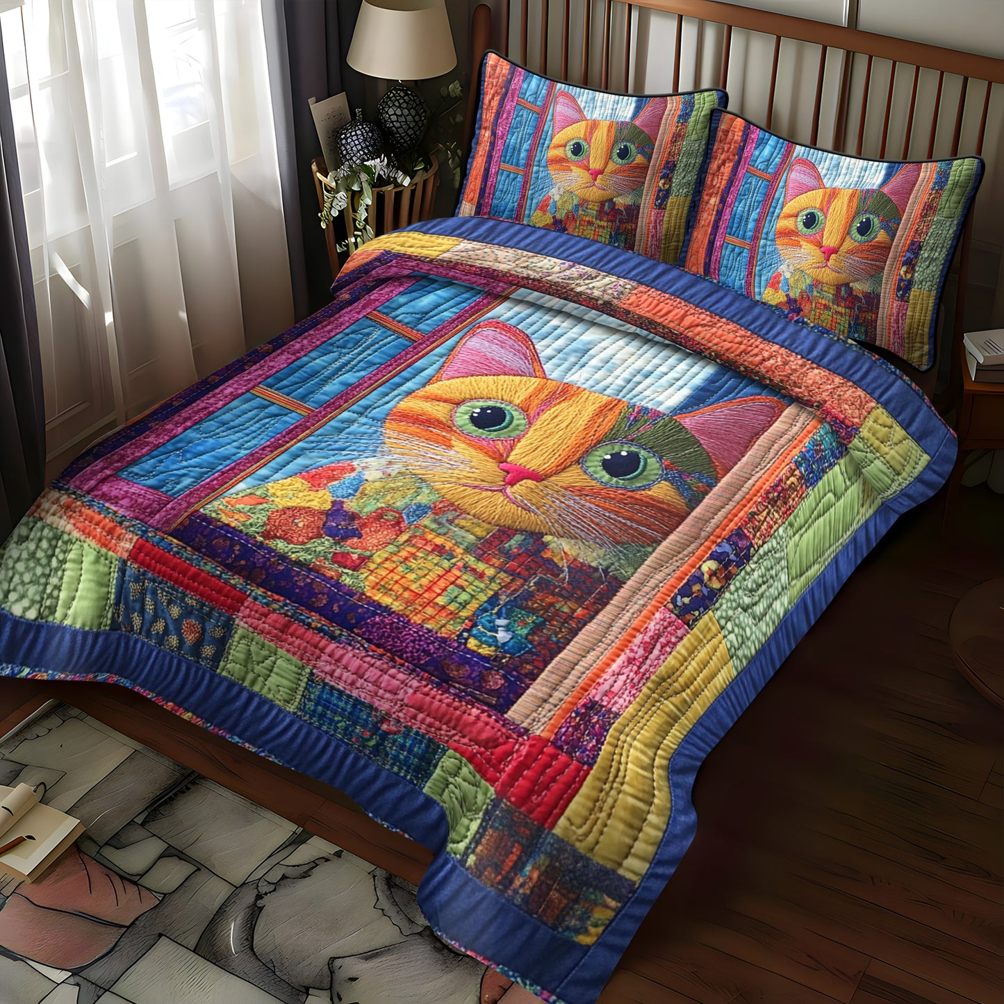 Vibrant Cat Peeking 3-Piece Quilted Bedding Set NCU0PD427