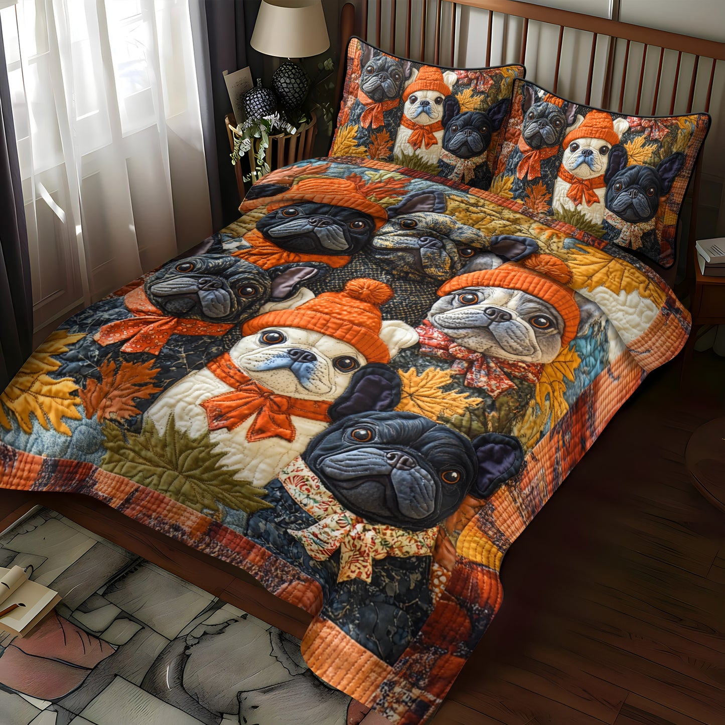 Frenchie Faces Thanksgiving 3-Piece Quilted Bedding Set NCU0PD380