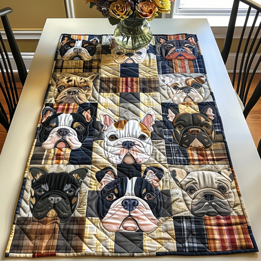 Vibrant Plaid Frenchie Faces Quilted Table Runner NCU0PD145