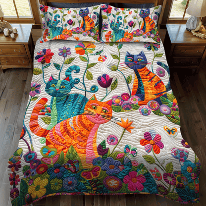 Floral Colorful Cats 3-Piece Quilted Bedding Set NCU0PD326