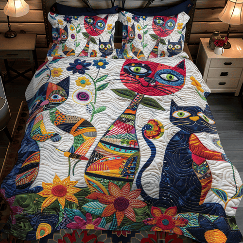 Playful Cats In The Garden 3-Piece Quilted Bedding Set NCU0PD327