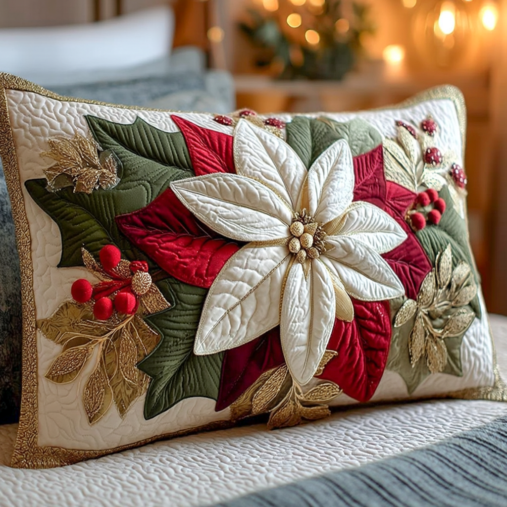 Poinsettia Christmas Bloom Quilted Bedding Pillow Case NCU0XD395