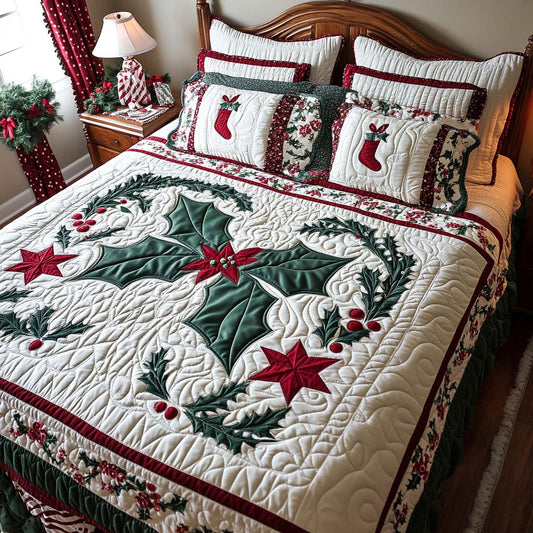 Holly Stocking Joy 3-Piece Quilted Bedding Set NCU0XD598