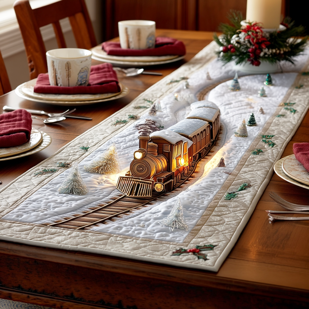 Steam Train Christmas Quilted Table Runner NCU0TD814