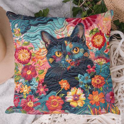 Playful Floral Cat Quilted Pillow Case NCU0PD480