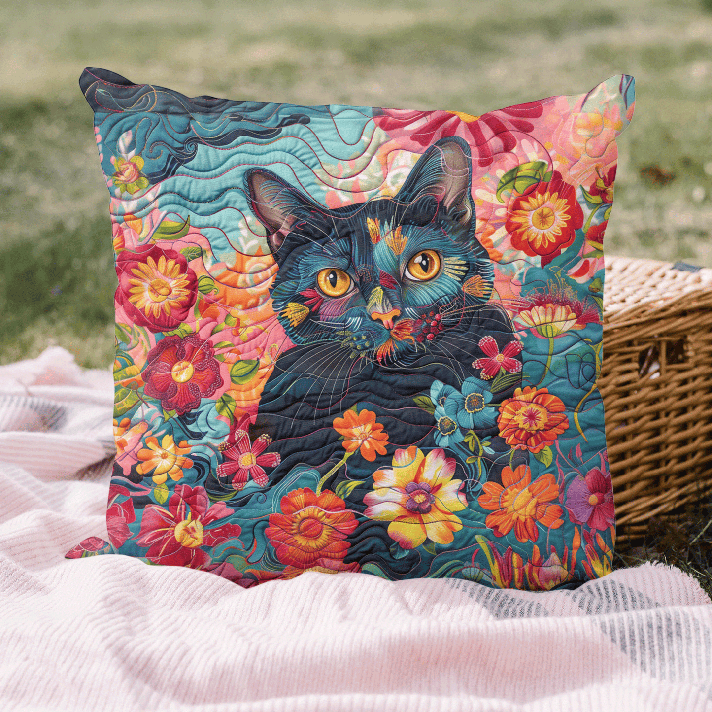 Playful Floral Cat Quilted Pillow Case NCU0PD480