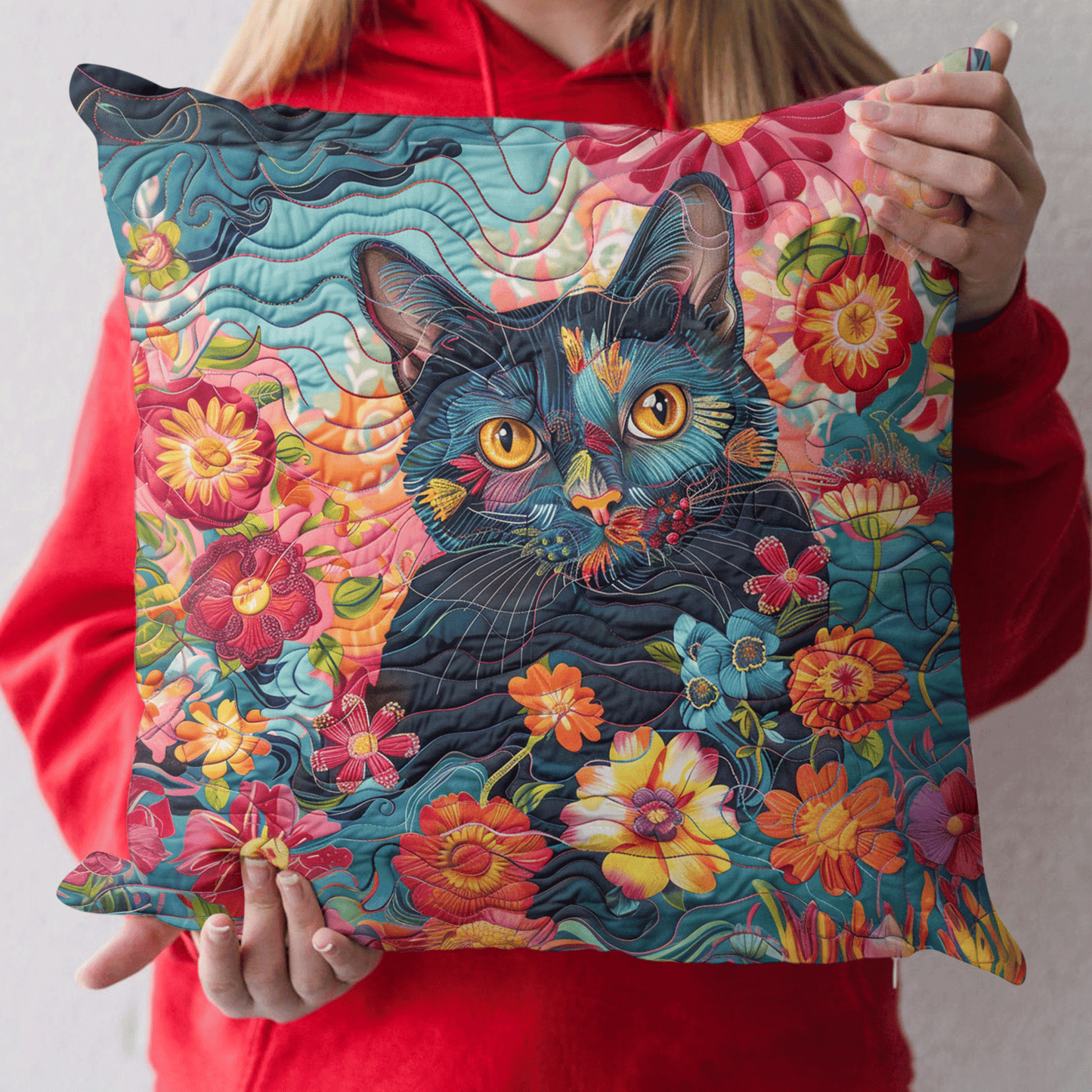 Playful Floral Cat Quilted Pillow Case NCU0PD480